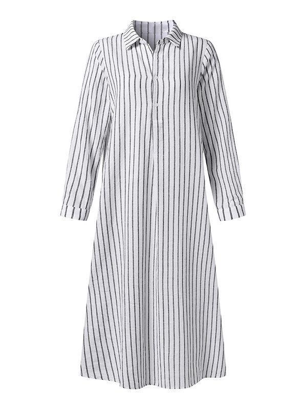 Women's Striped Cotton Linen Polo Collar Long-sleeved Shirt Dress Cotton and linen Dress Shirt Dress