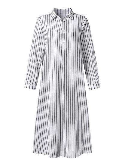 Women's Striped Cotton Linen Polo Collar Long-sleeved Shirt Dress Cotton and linen Dress Shirt Dress