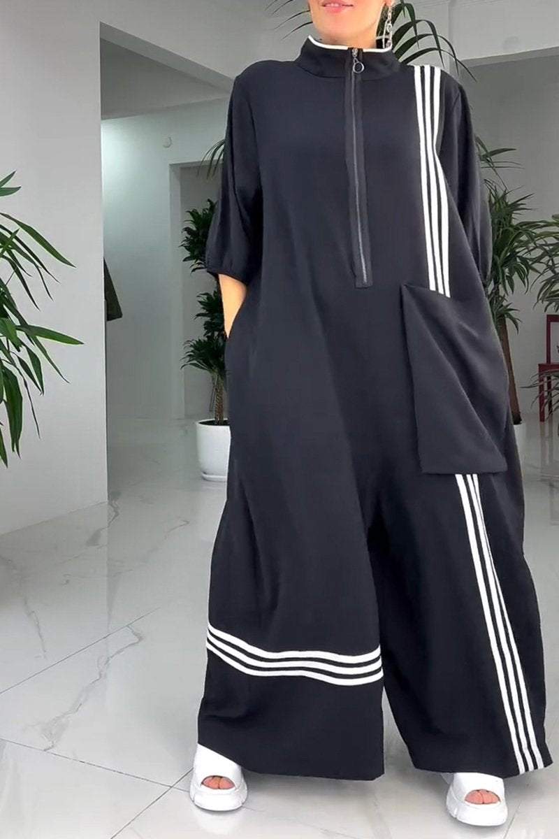 Women's Lapel Mid-Sleeve Striped Casual Jumpsuit Jumpsuits Sets