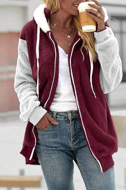 Women's Casual Plush Patchwork Contrast Color Hooded Jacket coat Top