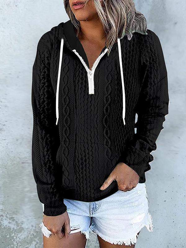 Women's Casual Hooded Twisted Texture Half-zip Sweatshirt Cotton Sweatshirt