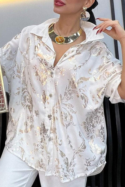 Women's Lapel Mid-length Sleeve Gold-stamped Casual Shirt Shirts & Blouse tops