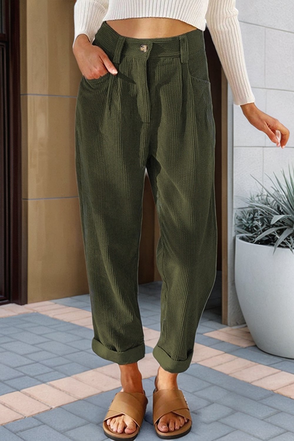 Women's High Waist Casual Pants Solid Color Corduroy Loose Straight Trousers Bottoms pants