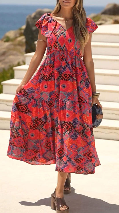 Women's V-neck Short-sleeved Printed Casual Dress dress