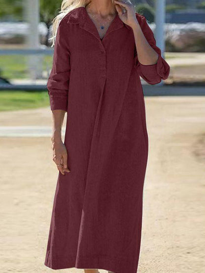 Women's Cotton Lapel Long Sleeve Long Shirt Dress Cotton and linen Dress Shirt Dress