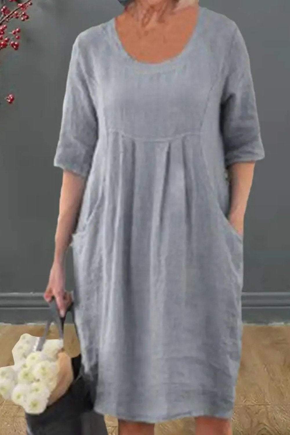 Cotton and Linen Pleated Pocket Casual Dress Dress