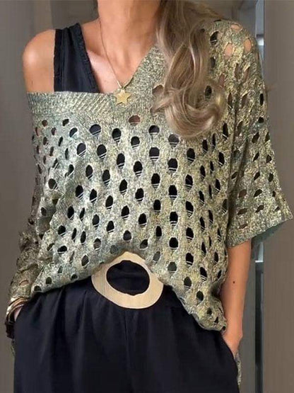 Women's V-neck Long Sleeve Hollow Blouse Blouse Tops