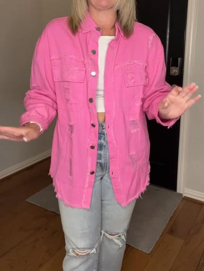 Women's Pink Base Breasted Ripped Shirt Jacket tops