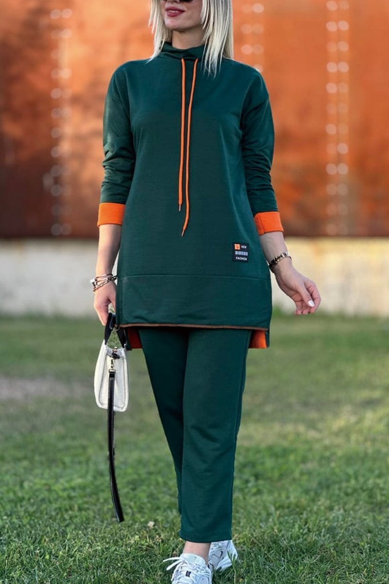 Women's long contrast color sweatshirt suit Suits Two-piece set