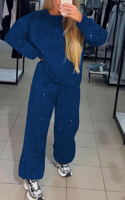 Women's Casual Round Neck Diamond Hooded Two Piece Suit Cotton Suit Two-piece