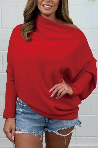 Women's Solid color knitted asymmetric slant collar sweater