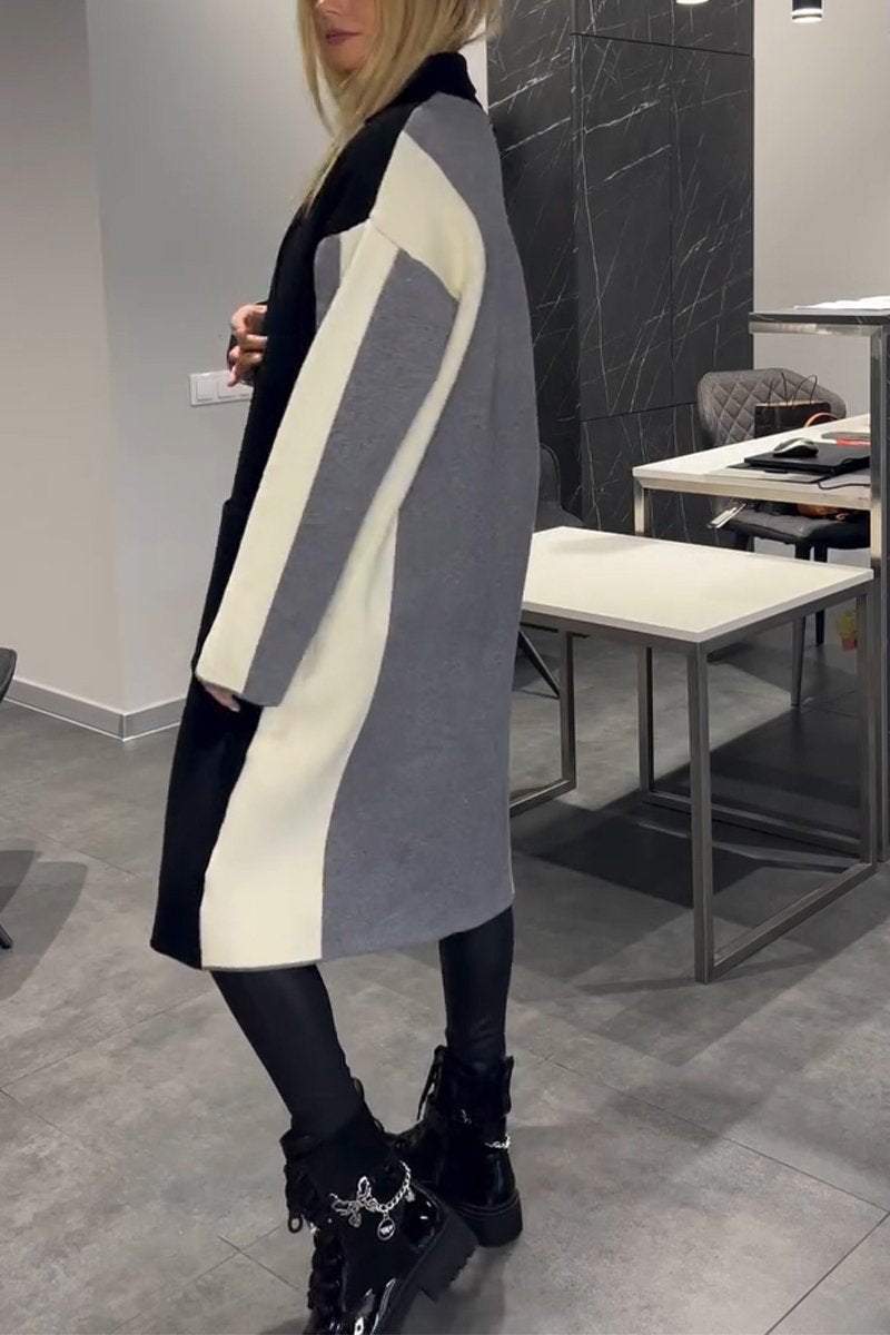 Women's Casual Lapel Contrast Color Long Jacket Coats Cotton Top