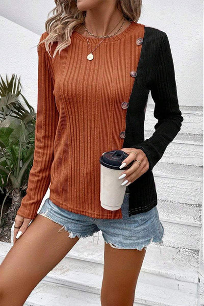 Women's Patchwork Contrasting Pitted Knit Top T-shirts Top