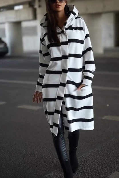 Women's Casual Hooded Striped Mid-length Coat Coats Cotton Top