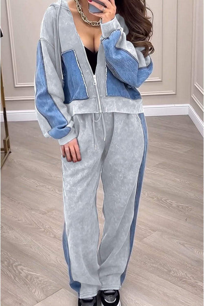 Women's Knitted Patchwork Denim Cardigan Top and Pants Two-piece Set Cotton and Linen Set