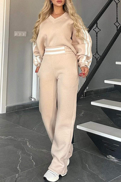 V-neck Long-sleeved Striped Design Casual Sweatshirt Suit Pant sets sets Two piece sets