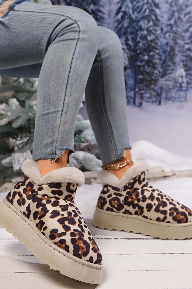 Women's thickened velvet round toe thick sole leopard print snow boots Martin Boots Shoes