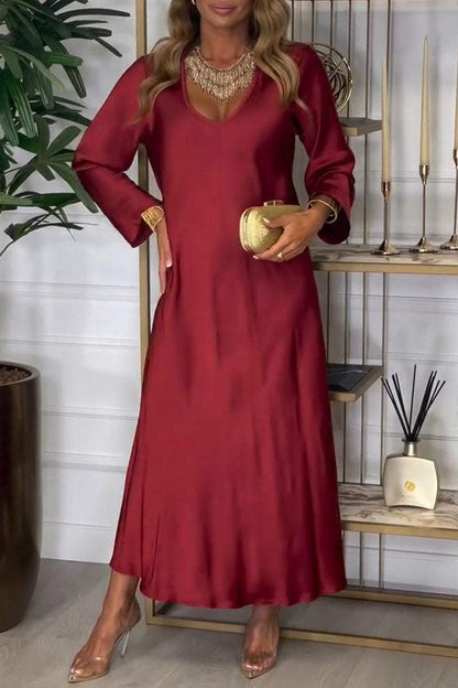 Women's V-neck Long-sleeved Satin Dress Dress Maxi Dress