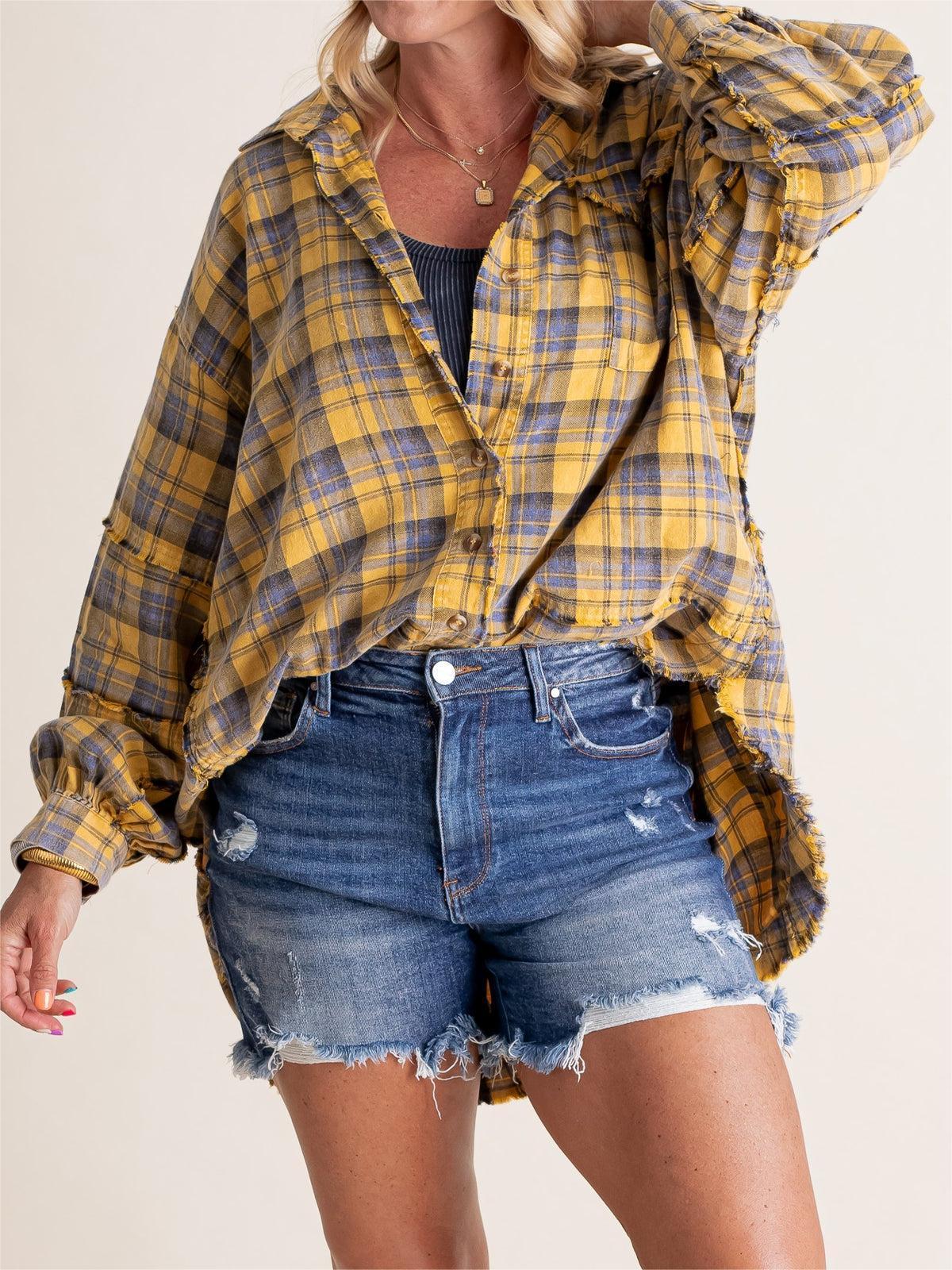 Women's Lapel Long Sleeve Plaid Shirt tops