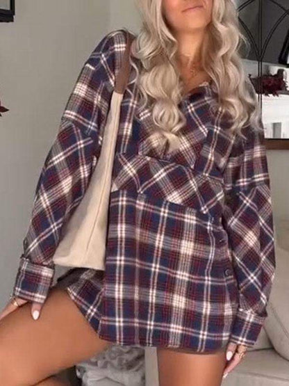 Women's Lapel Long Sleeve Plaid Top Tops