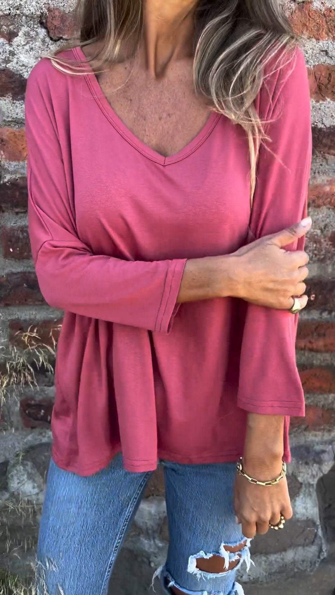 V-neck Long-sleeved Top cotton Top