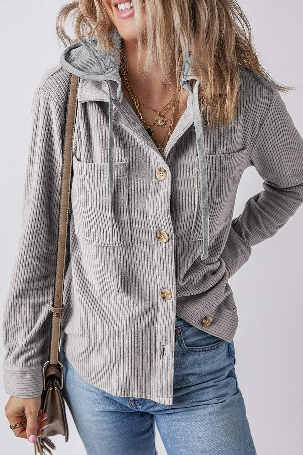 Ladies Lapel Buttoned Cardigan Hooded Drawstring Striped Jacket Coats skirts Top