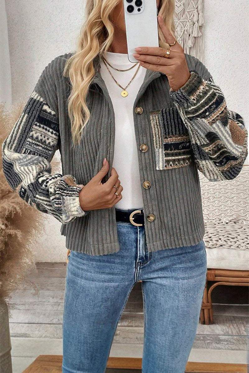 Women's Casual Corduroy Plaid Patchwork Jacket coat Top