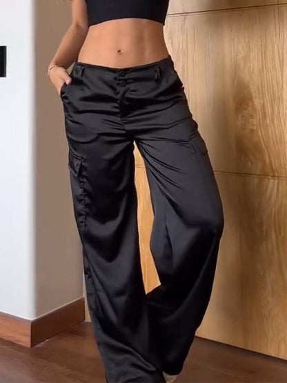 Women's Casual Solid Color Satin Work Trousers Bottoms Pants Satin