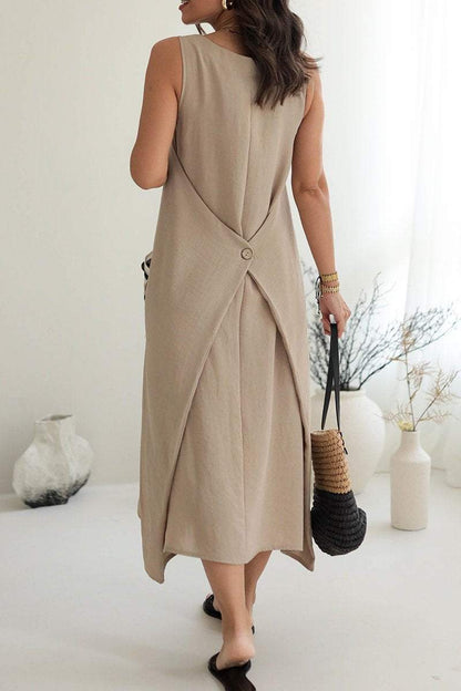 Women's Round Neck Sleeveless Woven Double Pocket Design Dress dress Midi Dress