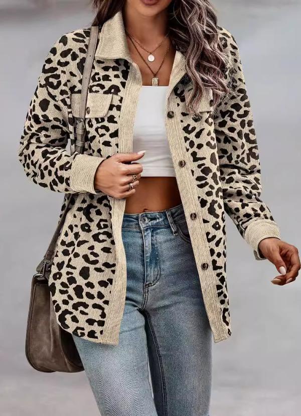 Women's Autumn and Winter Leopard Print Button Long Sleeve Jacket Jacket