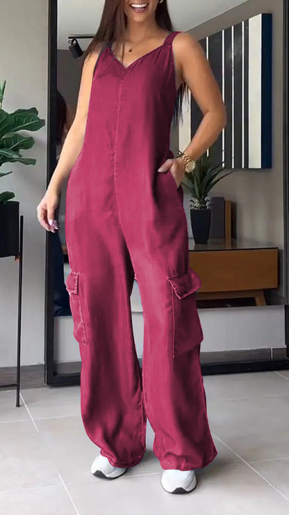 Thin Denim Cargo Pocket V-neck Jumpsuit Jumpsuit pants tops