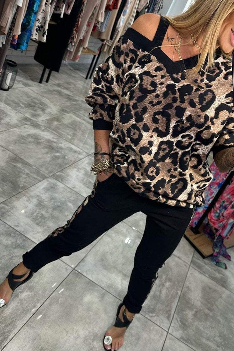 Women's V-neck Leopard Print Casual Suit Sets Two piece sets