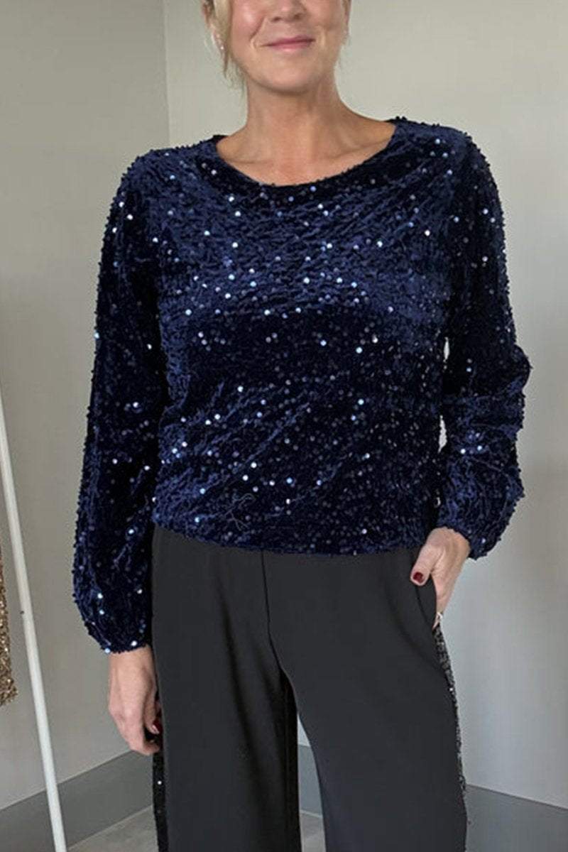 Women's Round Neck Long Sleeve Sequined Party Top Shirts & Blouse Top