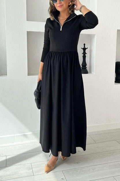 Women's Casual Half-zip Long-sleeved Dress Cotton Dress Maxi Dress