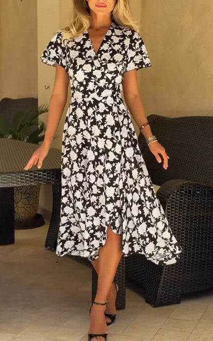 Women's V-neck Printed Waist Dress Cotton Dress