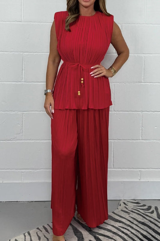 Women's Pleated Beaded Tie Waist Top & Trouser Co-Ord Suits Two-piece set