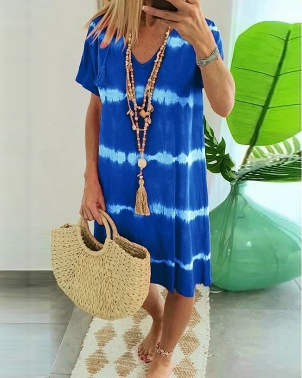 ?Tie-dye Striped Short-sleeved Loose T-shirt Dress Dress