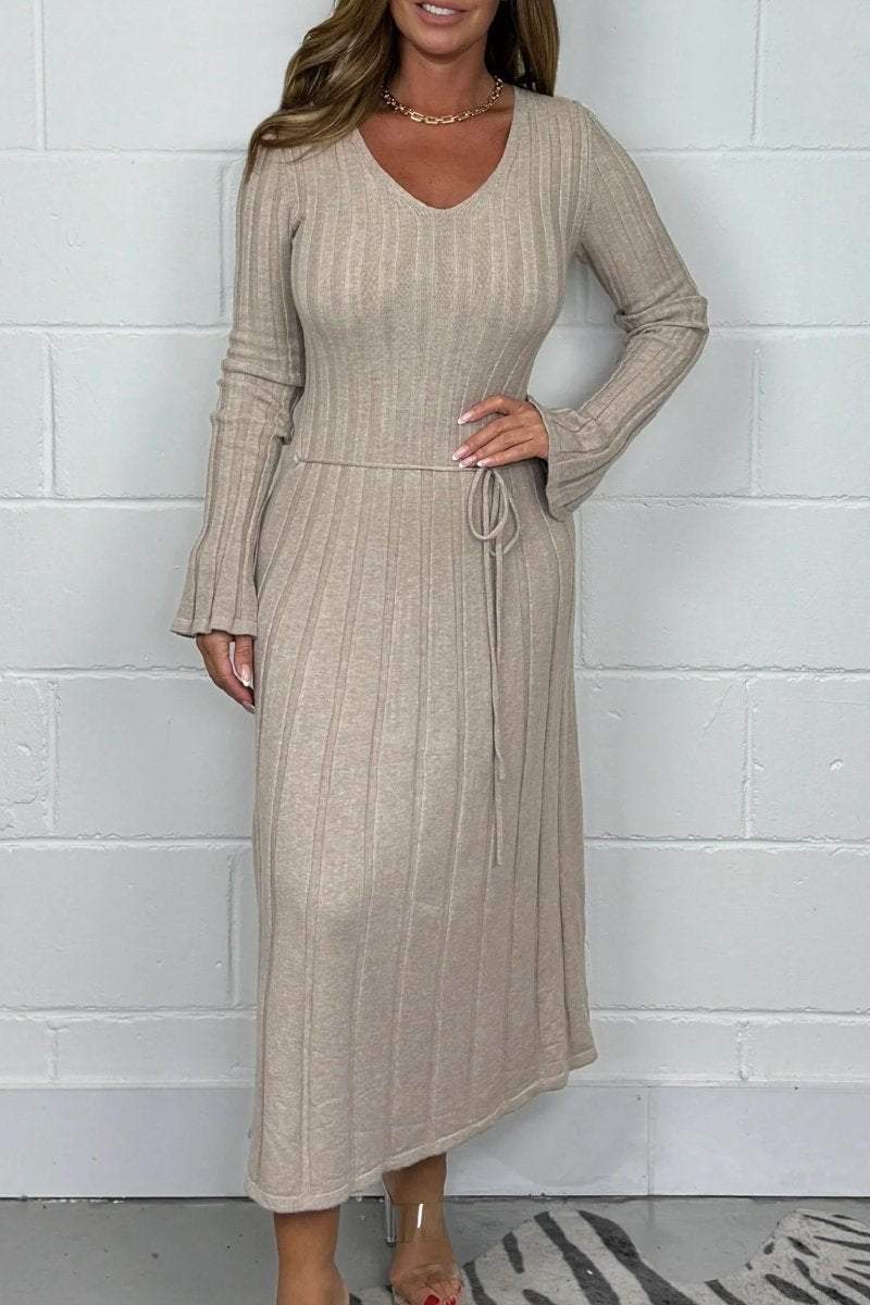 Women's Ribbed V-Neck Long Sleeve Tie Waist Knitted Maxi Dress Dress