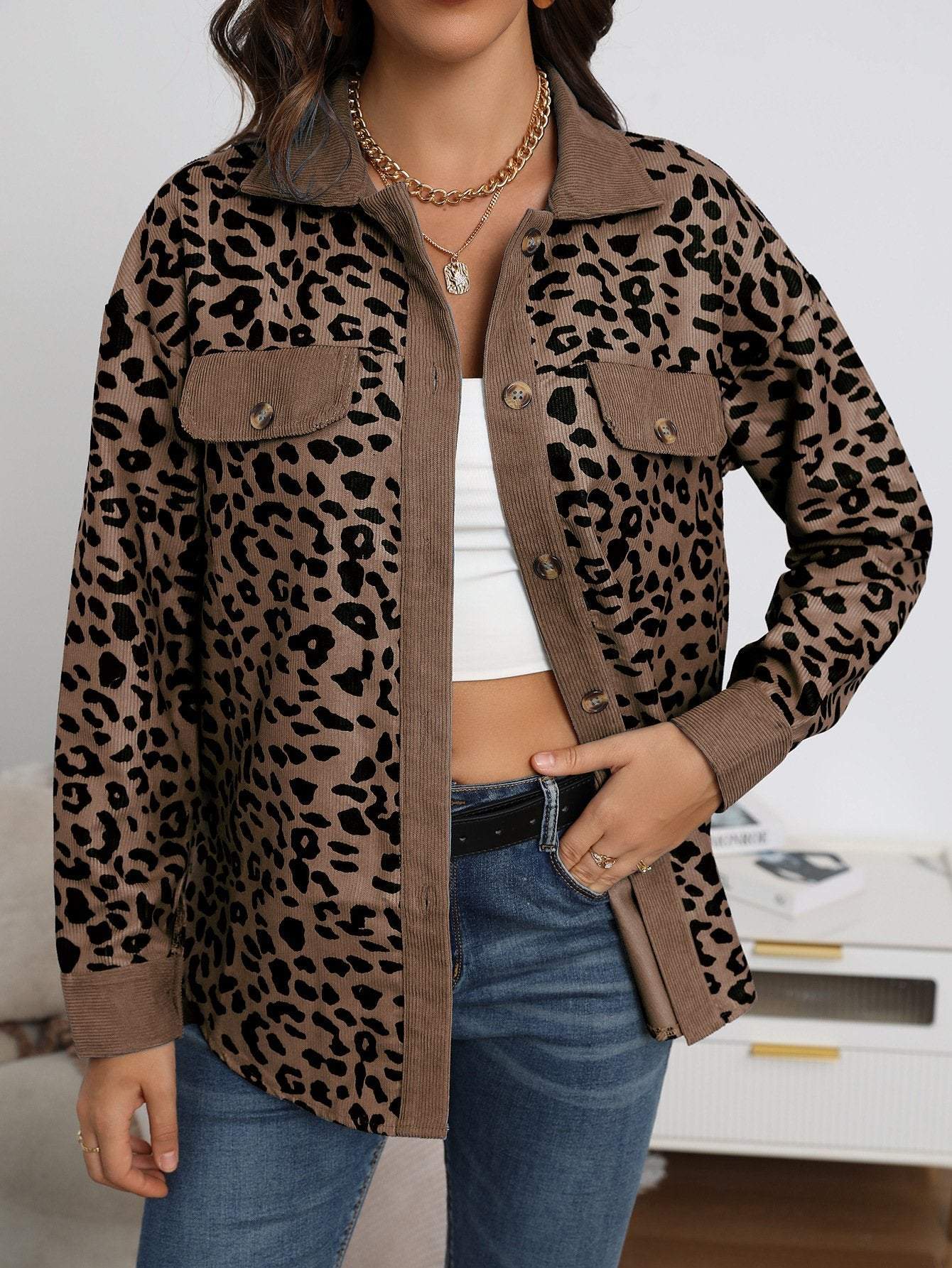 Women's Autumn and Winter Leopard Print Button Long Sleeve Jacket Jacket