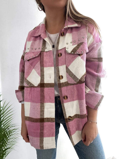 Women's Casual Beaded Plaid Jacket Jacket