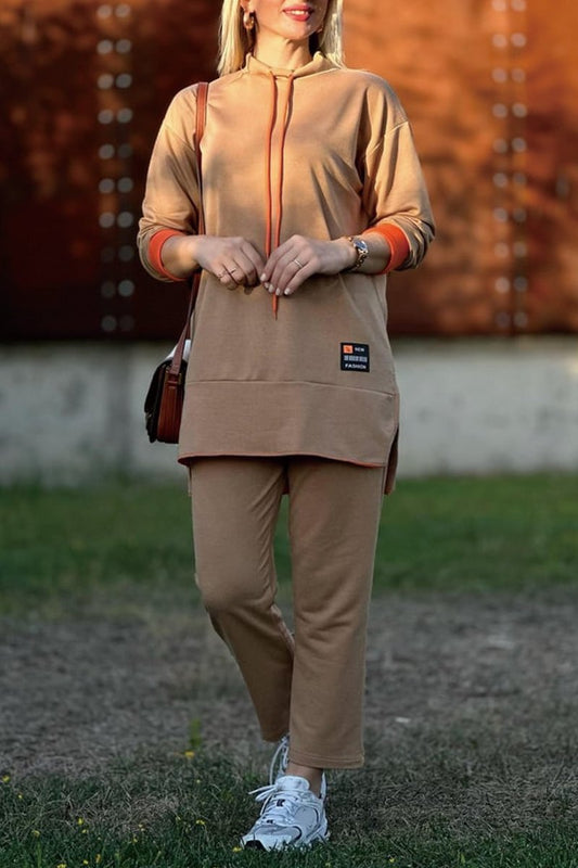 Women's long contrast color sweatshirt suit Suits Two-piece set