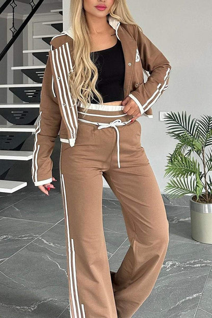 Women's Contrast Web Hooded Pants Suit Sets Two piece sets