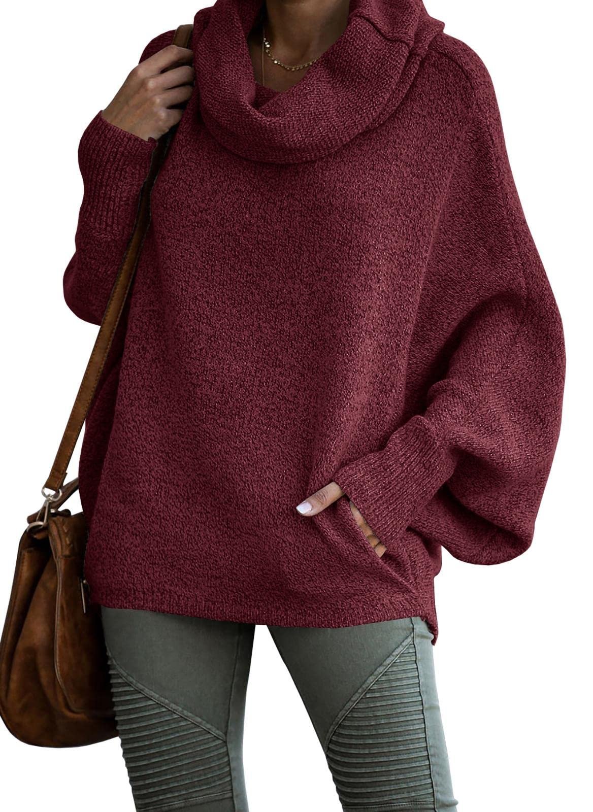 Women's Cowl NeckBatwing Sleeve Pullover Sweater with Pockets tops