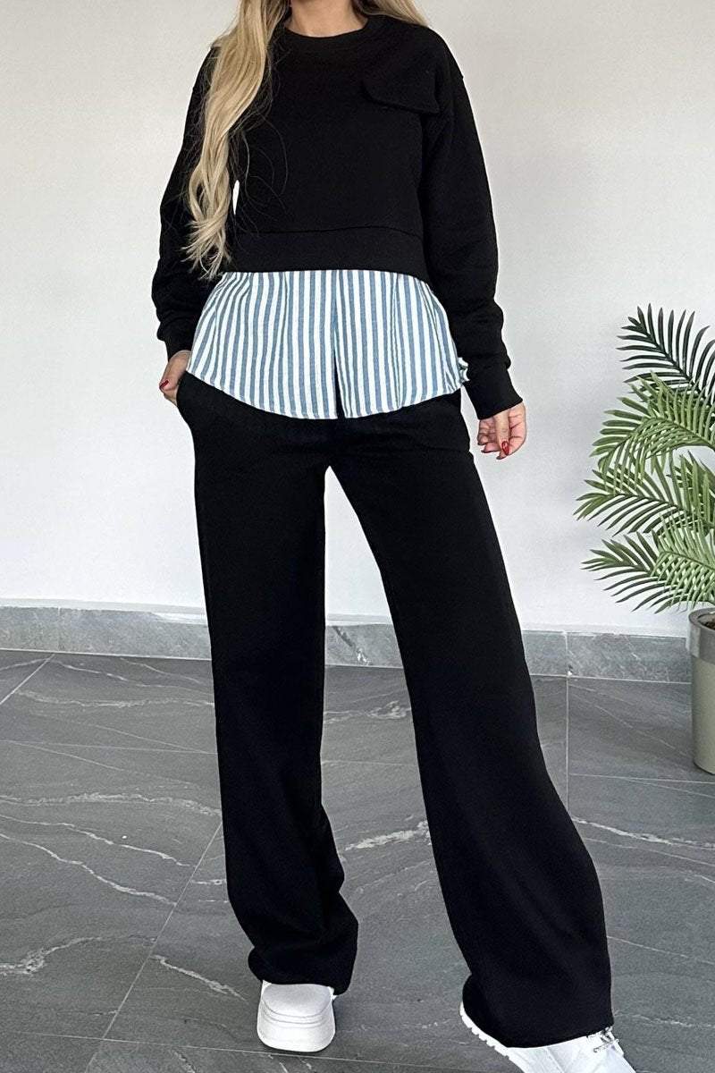 Women's Casual Striped Patchwork Long-sleeved Two-piece Set Sets Two piece sets