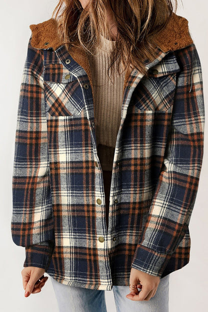 Plaid Pattern Sherpa Lined Hooded Shacket Hooded Tops