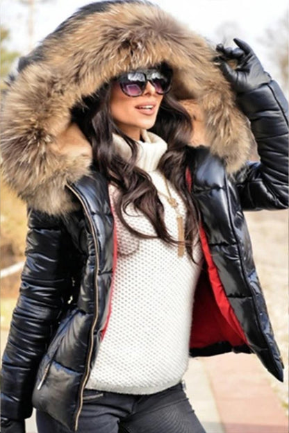 Ladies Casual Warm Large Fur Collar Hooded Jacket