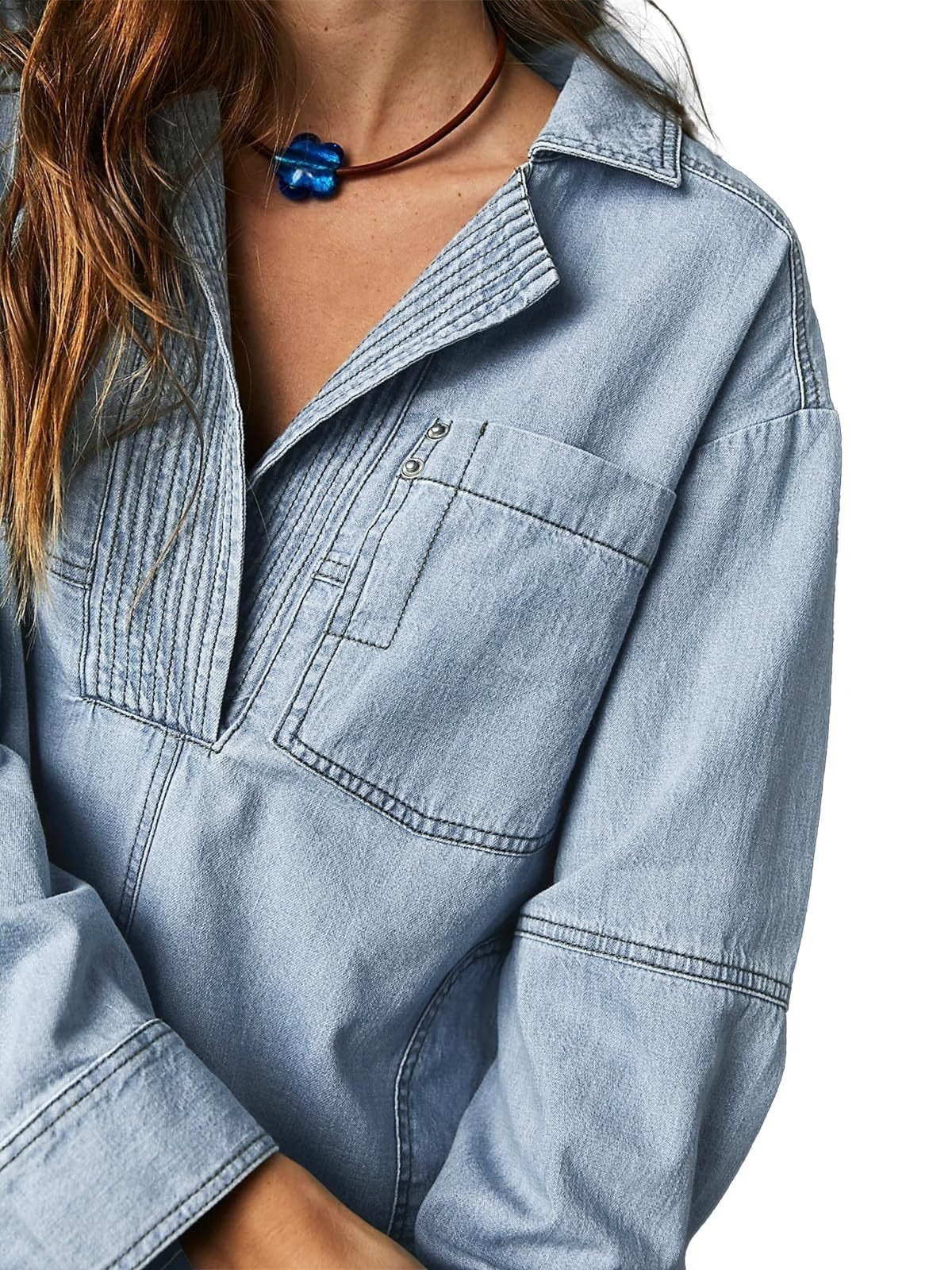 WOMEN'S DENIM V-NECK PULLOVER SHIRT