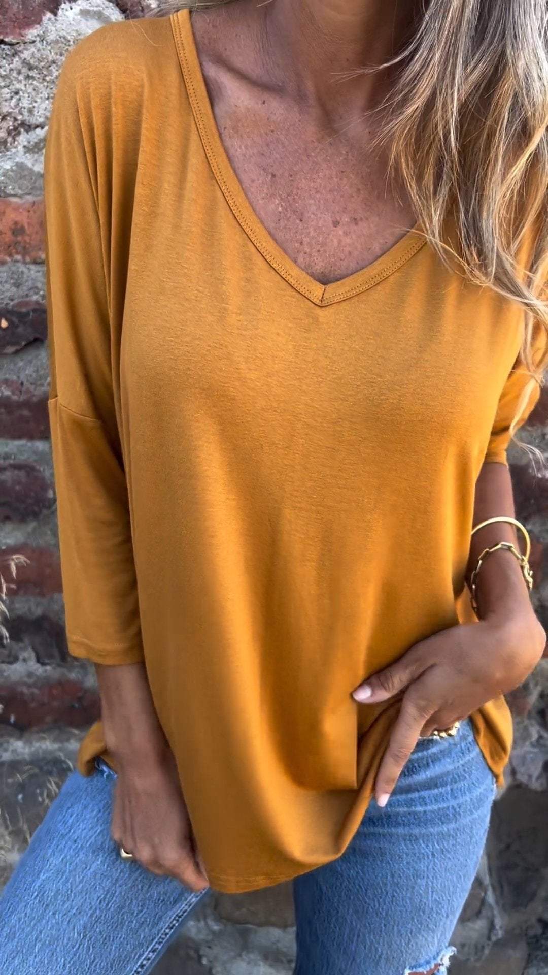 V-neck Long-sleeved Top cotton Top