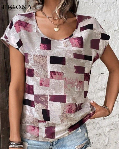 Geometric Print Crew Neck T-shirt 23BF clothes Short Sleeve Tops Spring Summer T-shirts Tops/Blouses