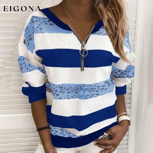 Elegant Patchwork Striped Shirt Blue Best Sellings clothes Plus Size Sale tops Topseller